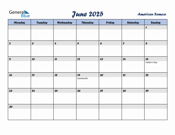 June 2025 Calendar with Holidays in American Samoa