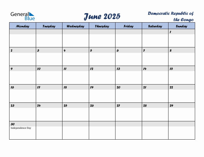 June 2025 Calendar with Holidays in Democratic Republic of the Congo