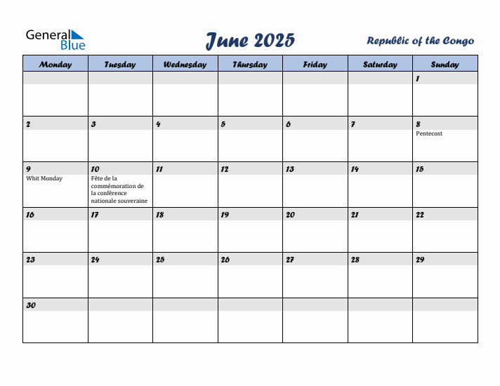 June 2025 Calendar with Holidays in Republic of the Congo