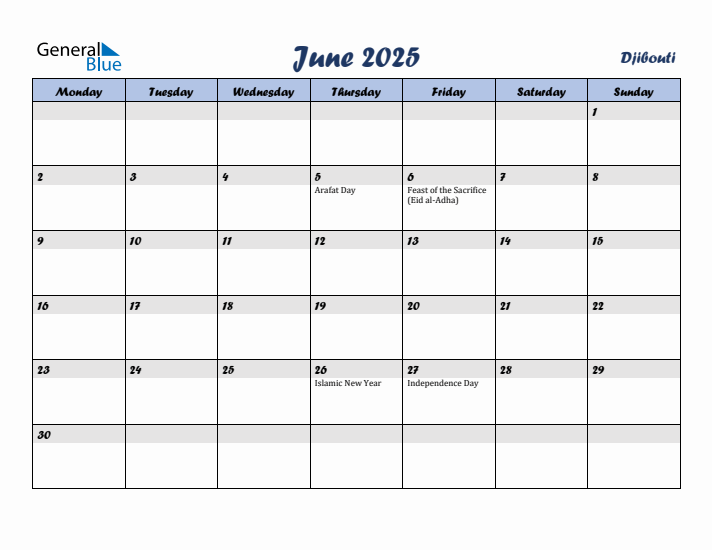 June 2025 Calendar with Holidays in Djibouti