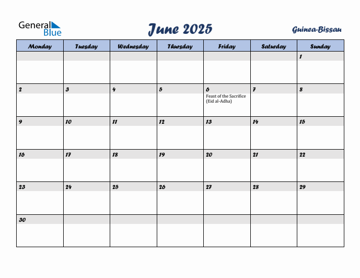 June 2025 Calendar with Holidays in Guinea-Bissau