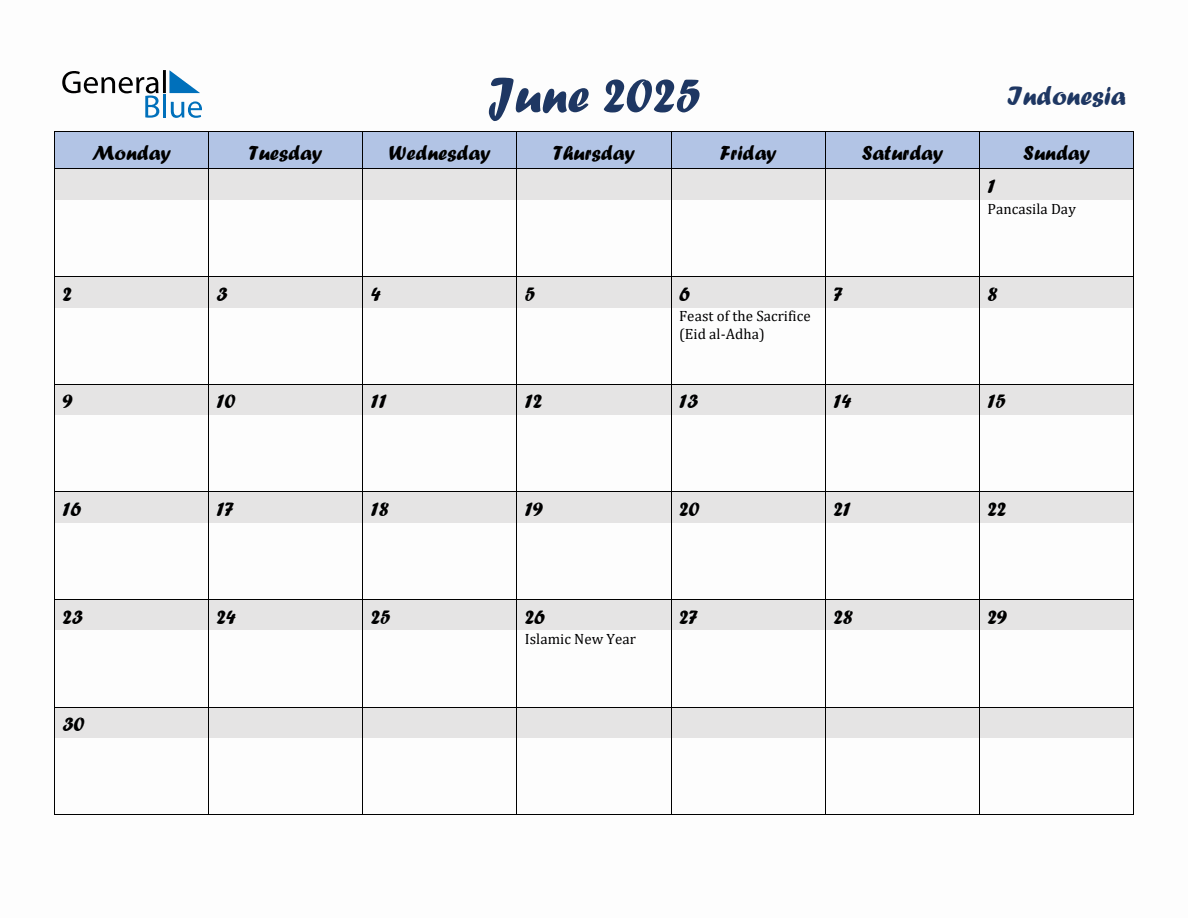 June 2025 Monthly Calendar Template with Holidays for Indonesia (Monday ...