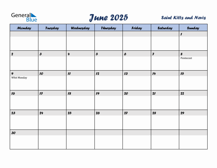 June 2025 Calendar with Holidays in Saint Kitts and Nevis