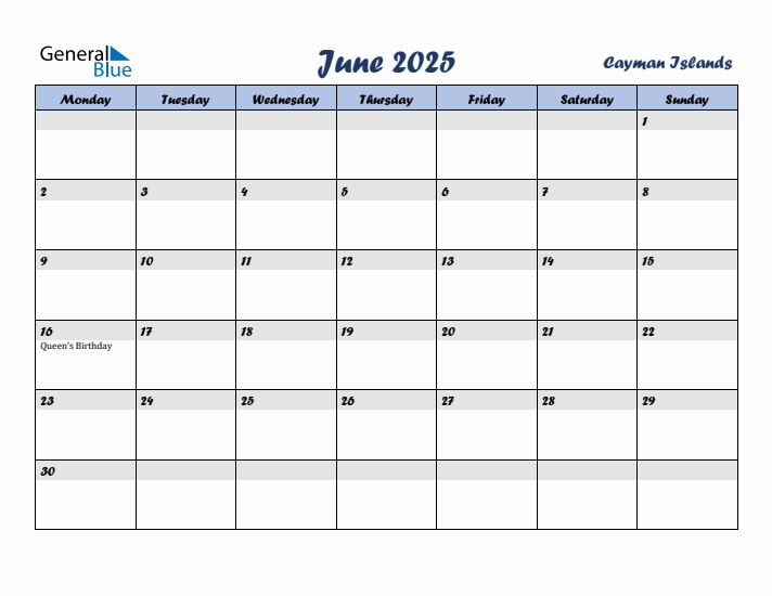 June 2025 Calendar with Holidays in Cayman Islands