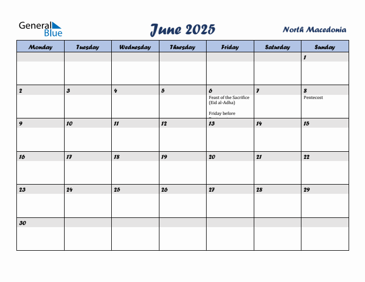 June 2025 Calendar with Holidays in North Macedonia