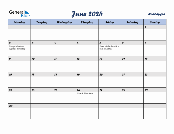 June 2025 Calendar with Holidays in Malaysia