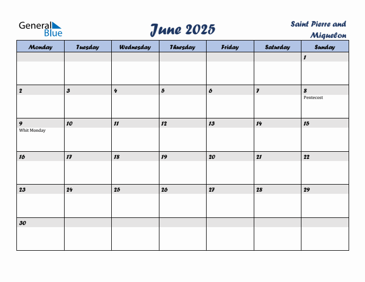 June 2025 Calendar with Holidays in Saint Pierre and Miquelon