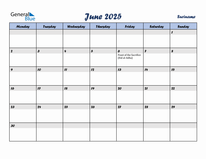 June 2025 Calendar with Holidays in Suriname