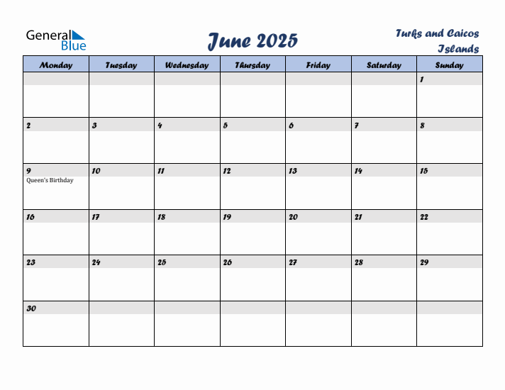 June 2025 Calendar with Holidays in Turks and Caicos Islands