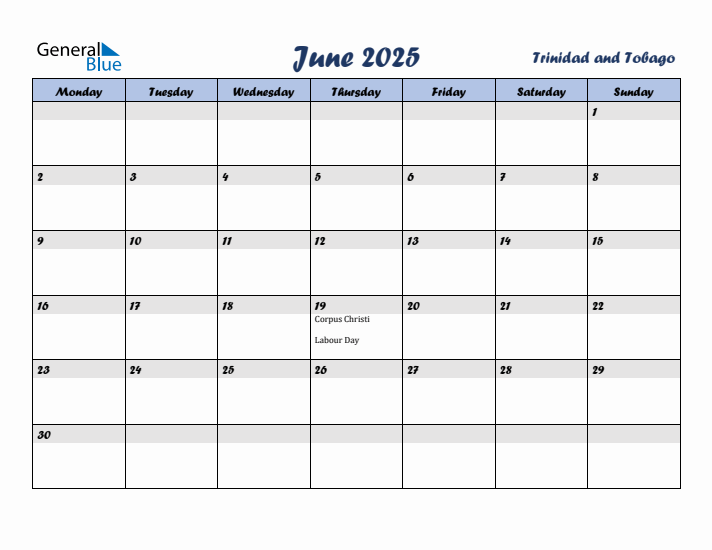 June 2025 Calendar with Holidays in Trinidad and Tobago