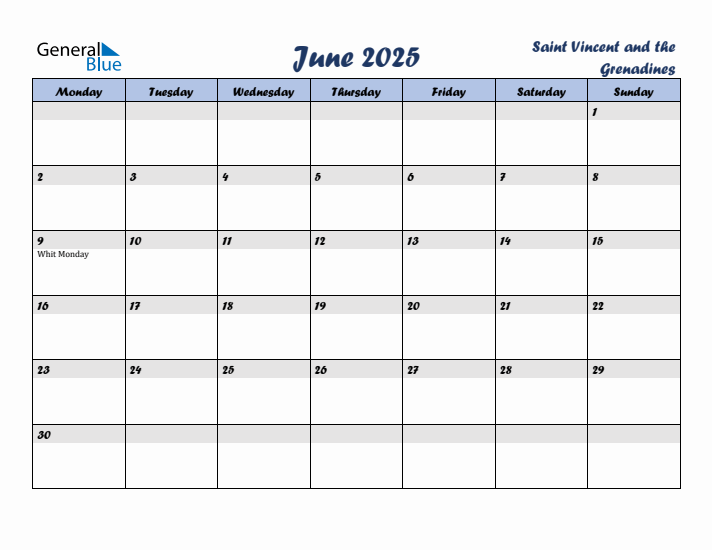 June 2025 Calendar with Holidays in Saint Vincent and the Grenadines