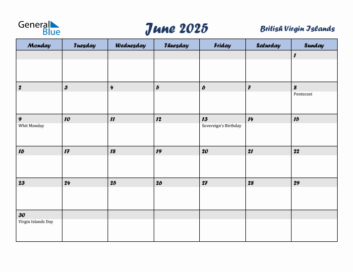 June 2025 Calendar with Holidays in British Virgin Islands