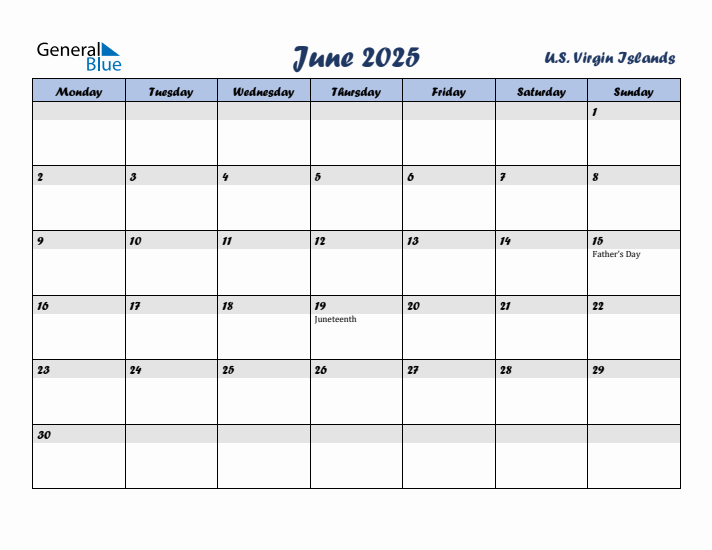 June 2025 Calendar with Holidays in U.S. Virgin Islands