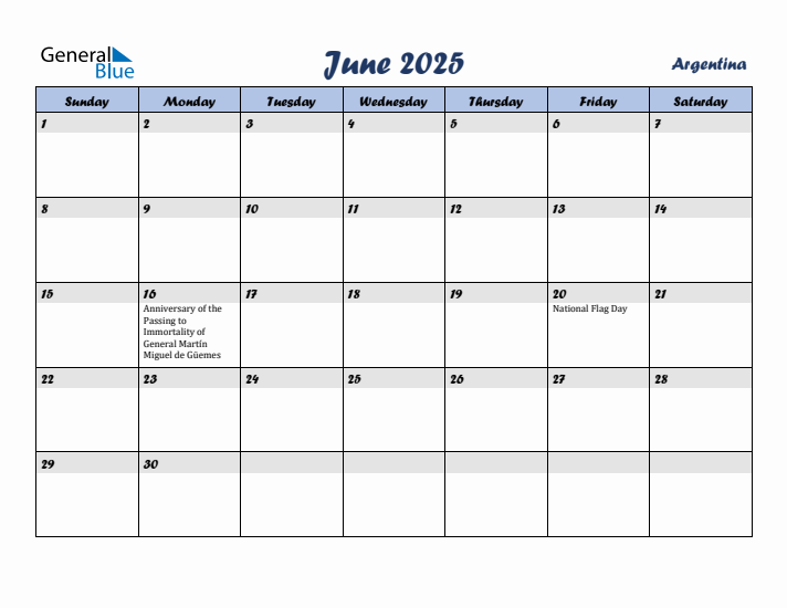 June 2025 Calendar with Holidays in Argentina
