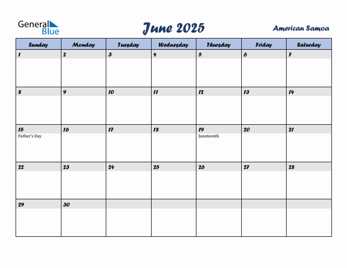 June 2025 Calendar with Holidays in American Samoa