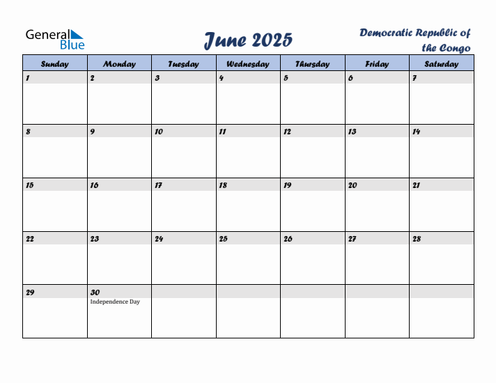 June 2025 Calendar with Holidays in Democratic Republic of the Congo