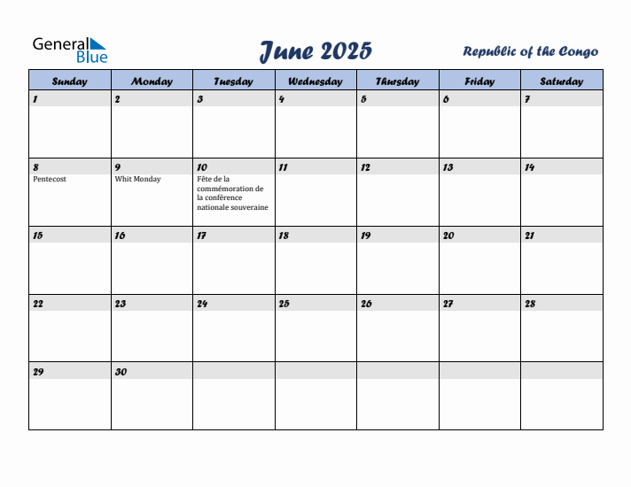 June 2025 Calendar with Holidays in Republic of the Congo