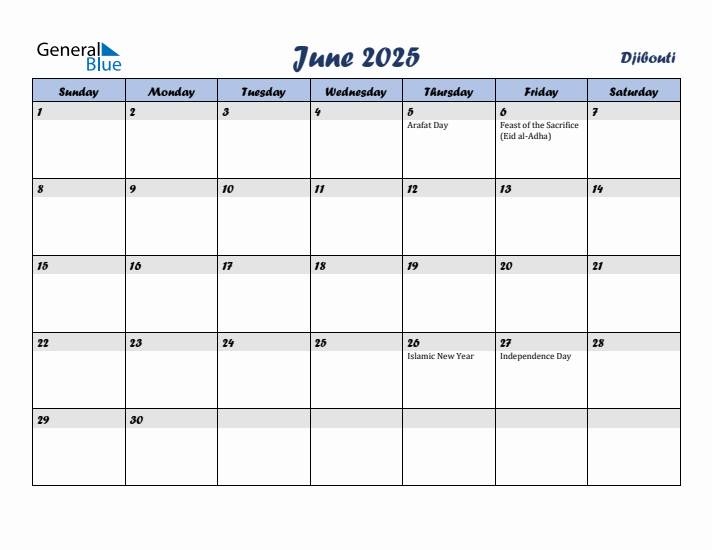 June 2025 Calendar with Holidays in Djibouti