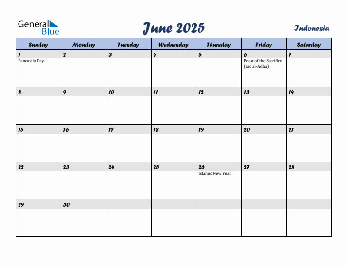 June 2025 Calendar with Holidays in Indonesia