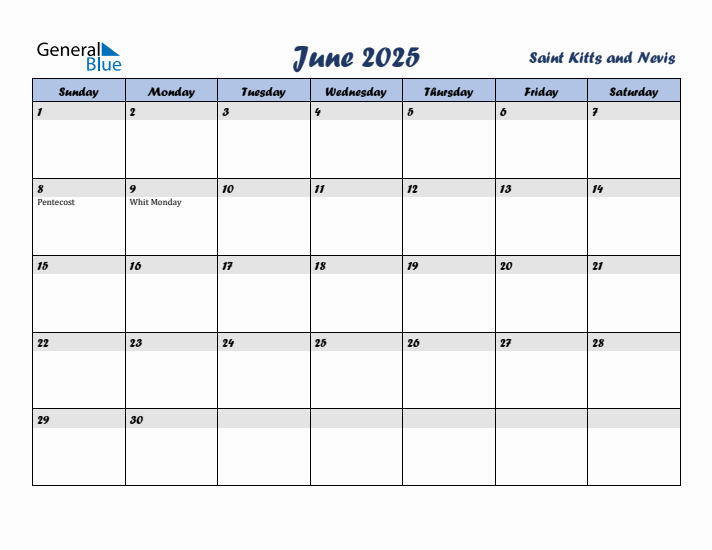 June 2025 Calendar with Holidays in Saint Kitts and Nevis