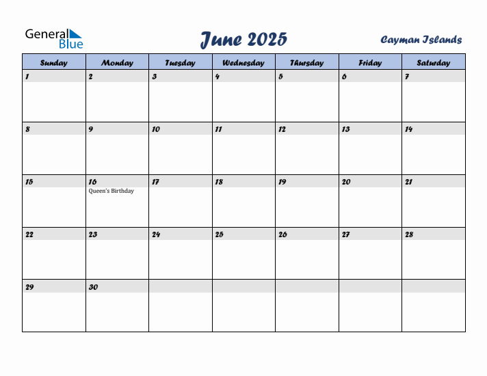 June 2025 Calendar with Holidays in Cayman Islands
