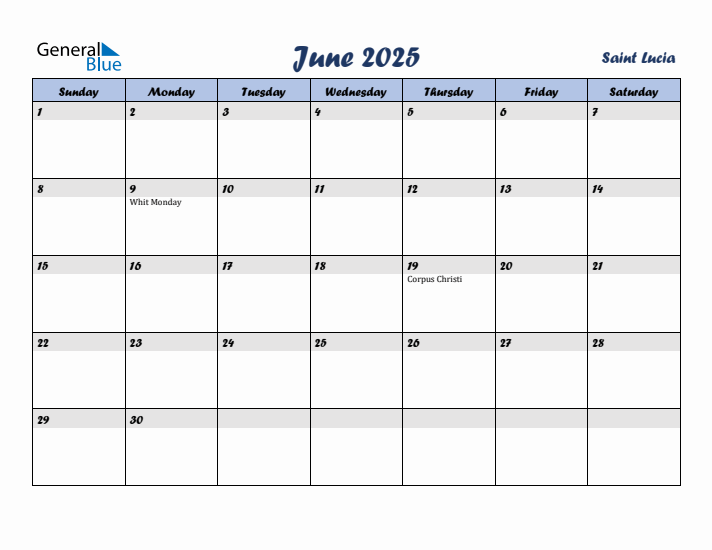 June 2025 Calendar with Holidays in Saint Lucia