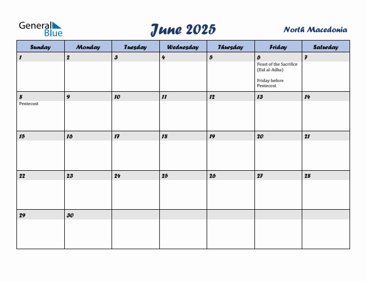 June 2025 Calendar with Holidays in North Macedonia
