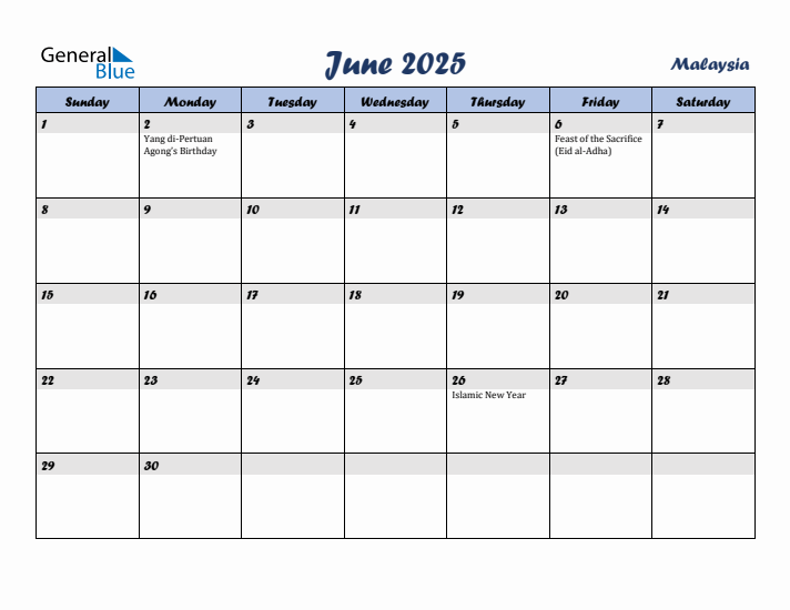 June 2025 Calendar with Holidays in Malaysia