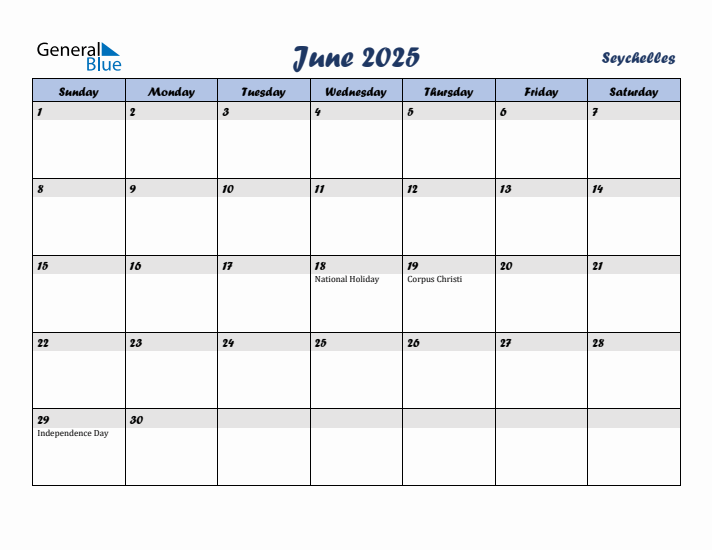 June 2025 Calendar with Holidays in Seychelles