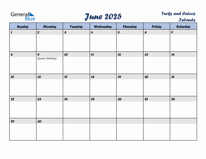 June 2025 Calendar with Holidays in Turks and Caicos Islands