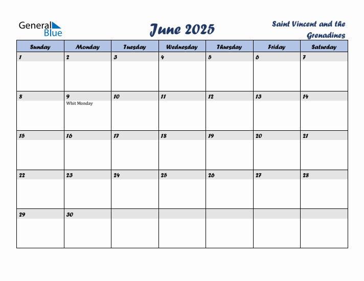 June 2025 Calendar with Holidays in Saint Vincent and the Grenadines