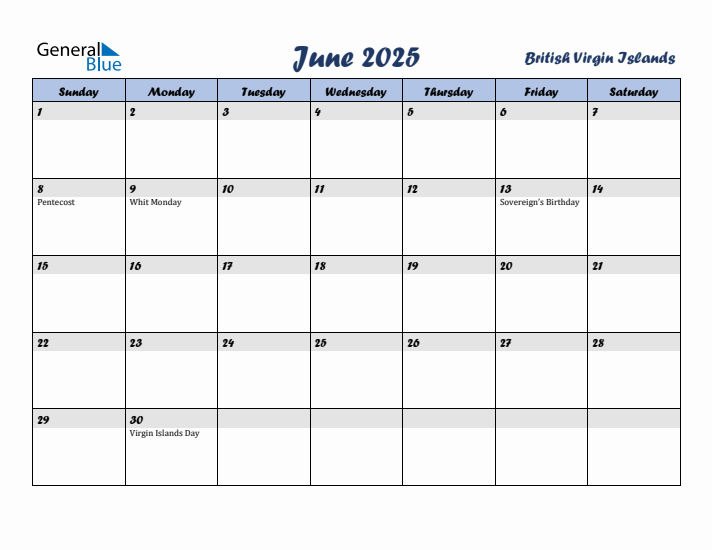 June 2025 Calendar with Holidays in British Virgin Islands