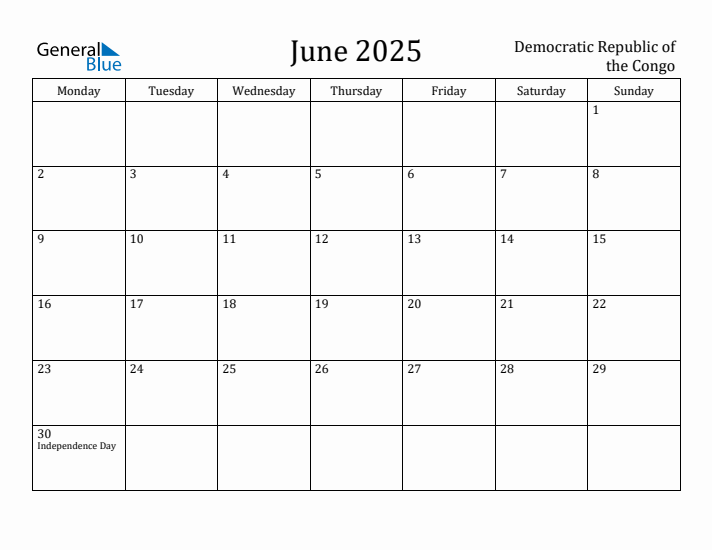 June 2025 Calendar Democratic Republic of the Congo