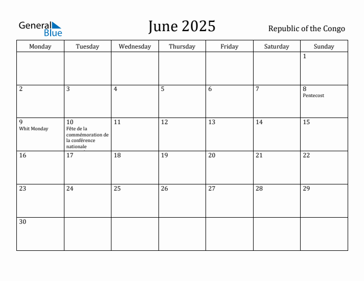 June 2025 Calendar Republic of the Congo