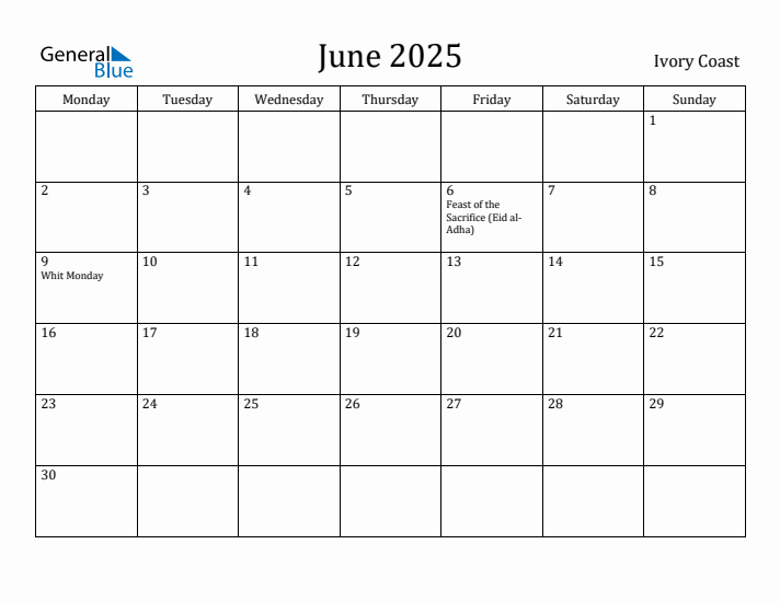 June 2025 Calendar Ivory Coast
