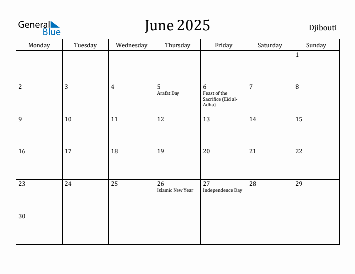 June 2025 Calendar Djibouti