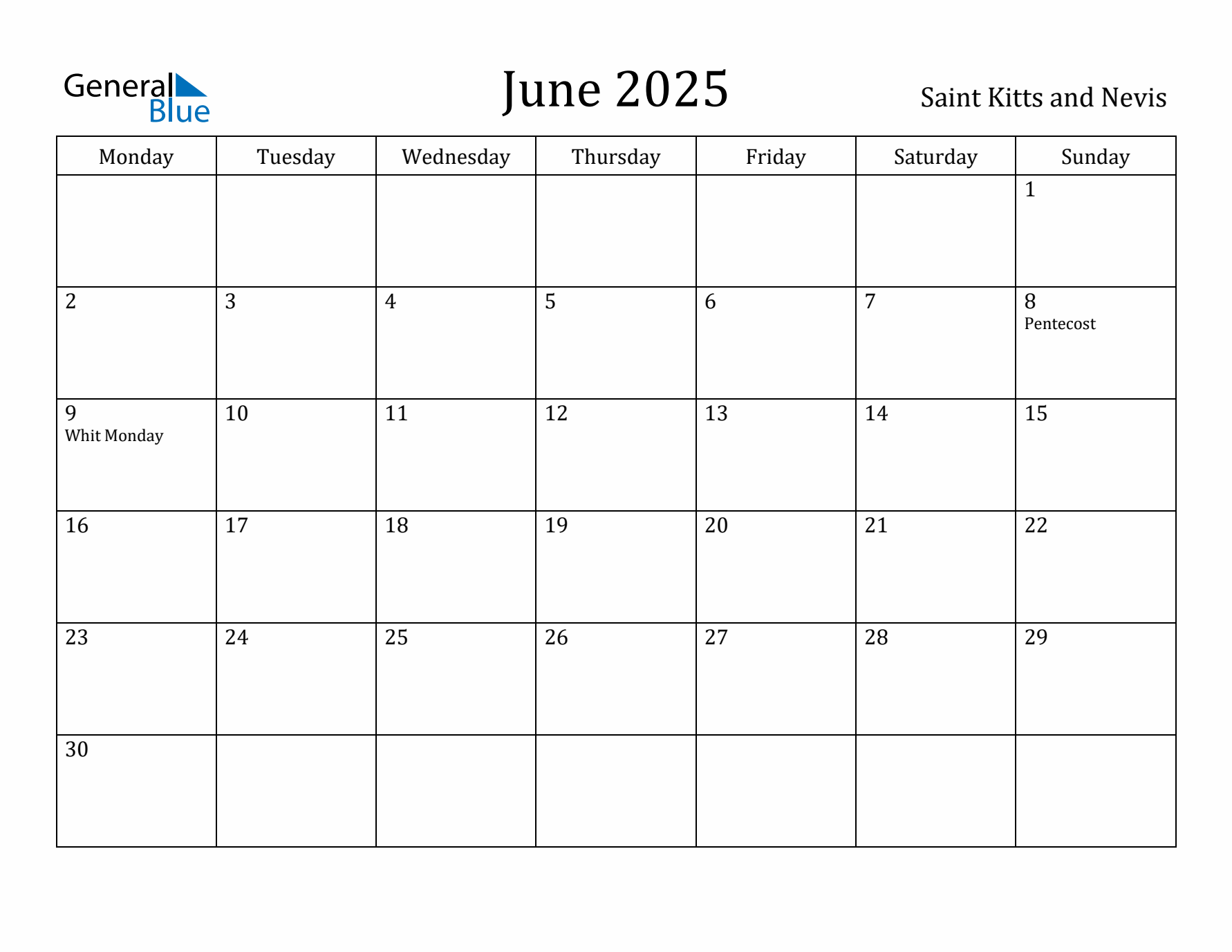 June 2025 Calendar Saint Kitts and Nevis