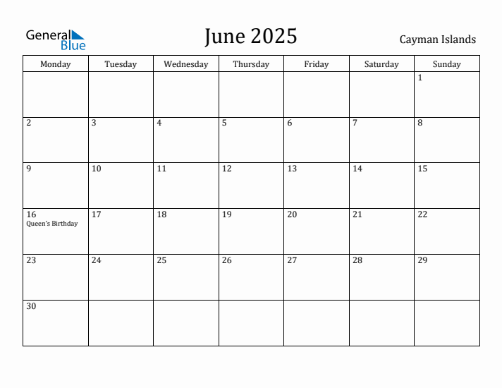 June 2025 Calendar Cayman Islands