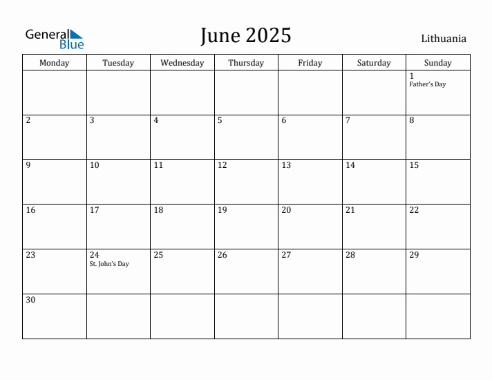 June 2025 Calendar Lithuania