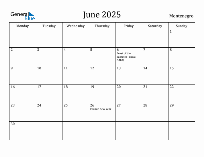 June 2025 Calendar Montenegro