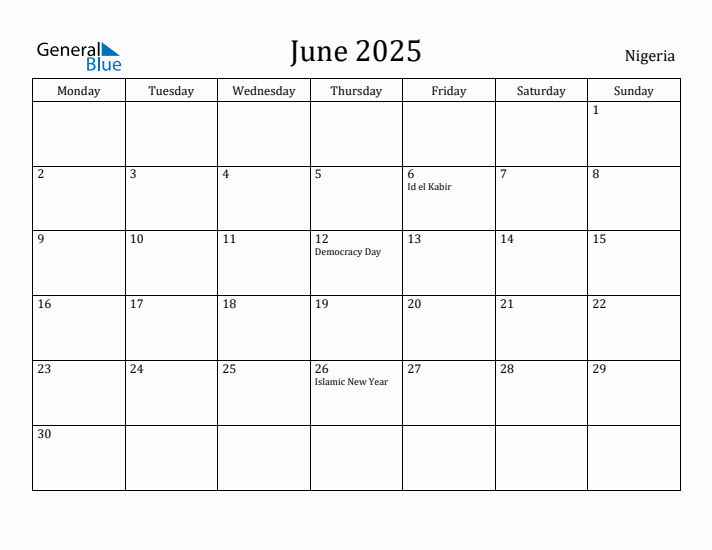 June 2025 Calendar Nigeria