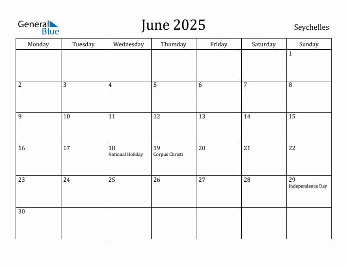 June 2025 Calendar Seychelles