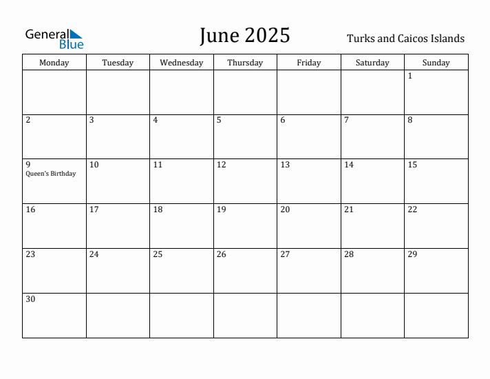 June 2025 Calendar Turks and Caicos Islands