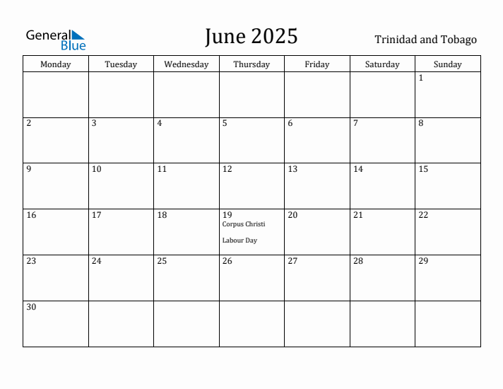 June 2025 Calendar Trinidad and Tobago