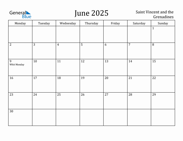 June 2025 Calendar Saint Vincent and the Grenadines