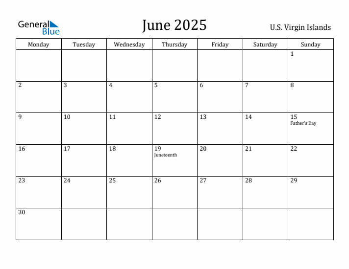 June 2025 Calendar U.S. Virgin Islands