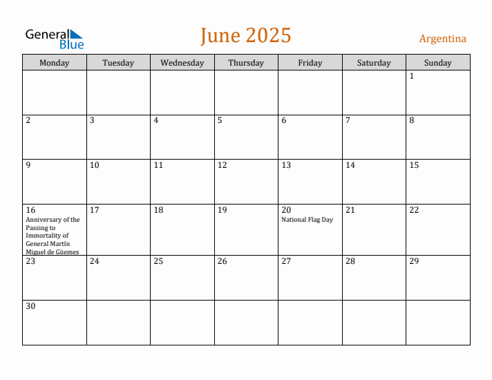 June 2025 Holiday Calendar with Monday Start