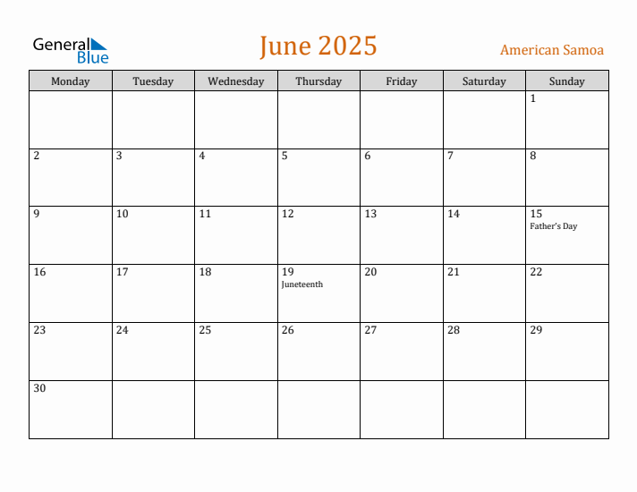June 2025 Holiday Calendar with Monday Start