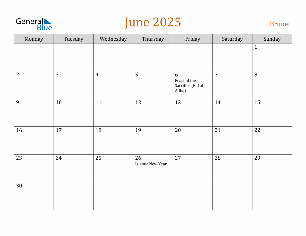 Free June 2025 Brunei Calendar