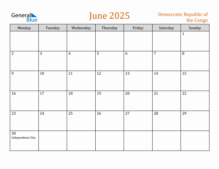 June 2025 Holiday Calendar with Monday Start